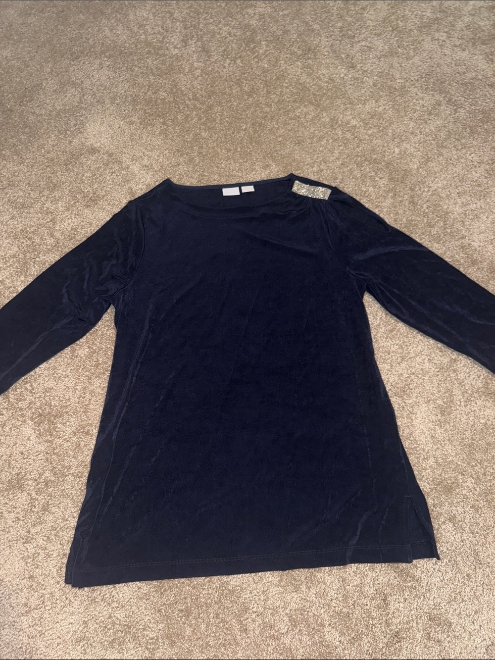 Chico’s Travelers Navy Velvet Long-Sleeve Tunic Shoulder Accent size 2/L B15